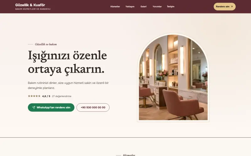 Kuaför & Güzellik için kurulmuş örnek sayfanın ilk ekranı