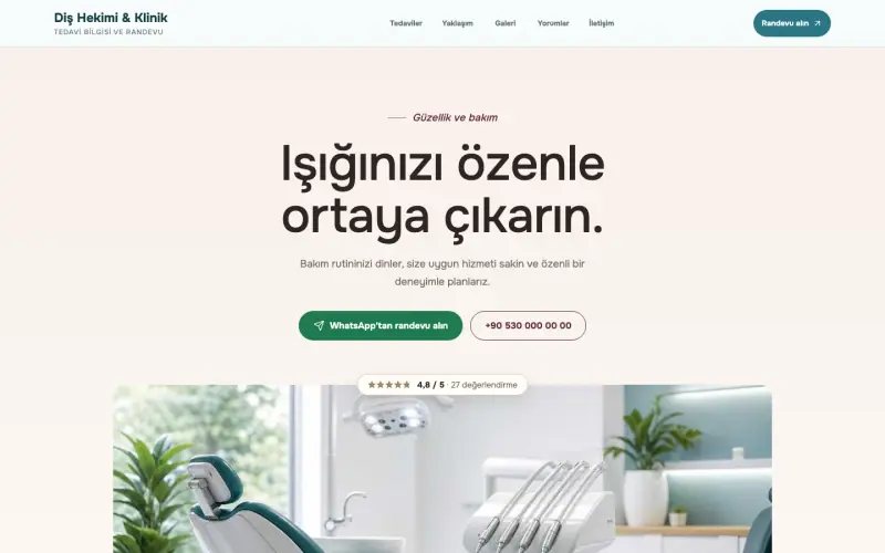 Diş Kliniği için kurulmuş örnek sayfanın ilk ekranı