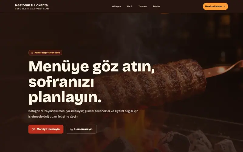 Restoran & Kafe için kurulmuş örnek sayfanın ilk ekranı