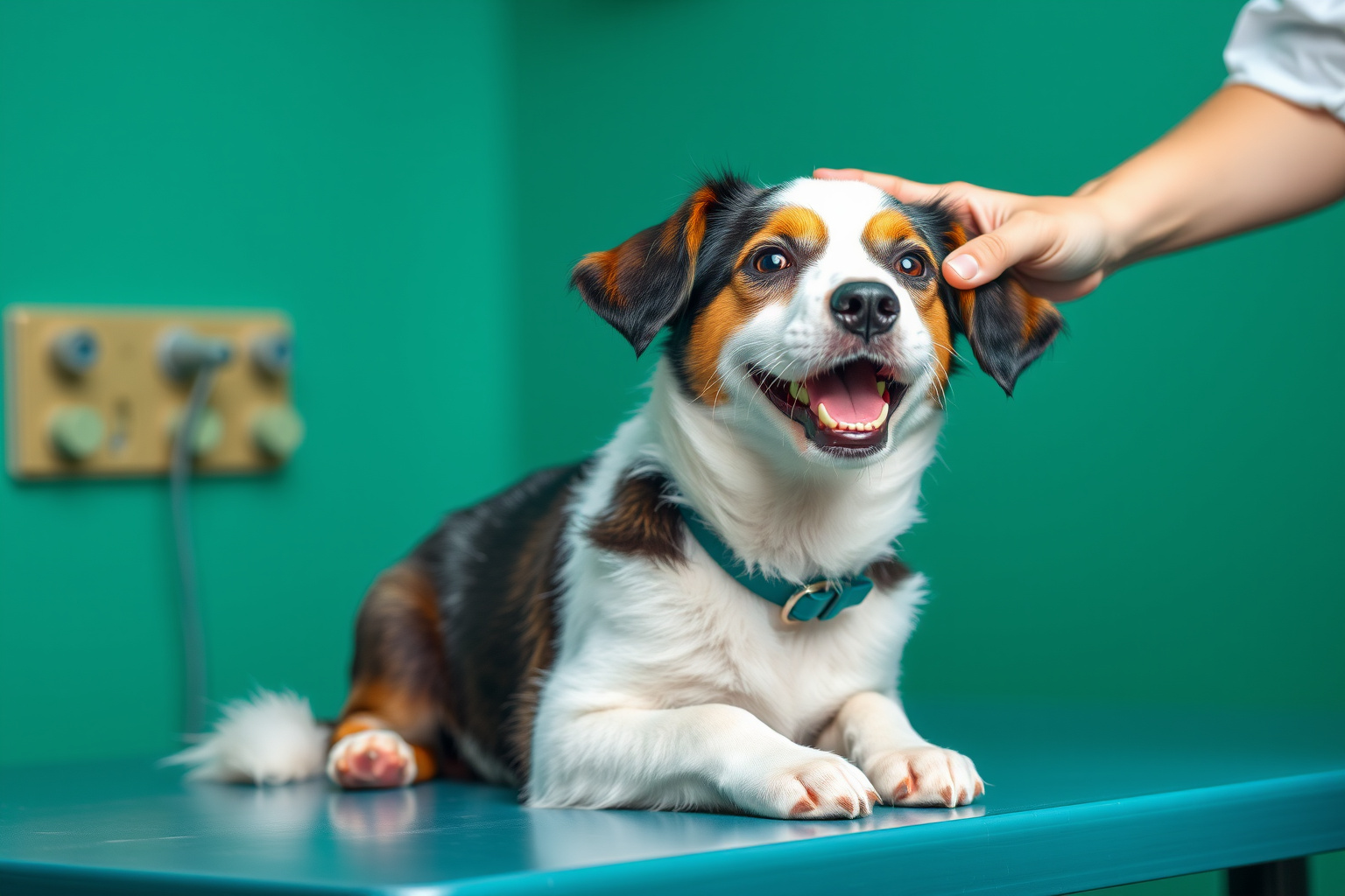Muayene masasında sakin bir köpek